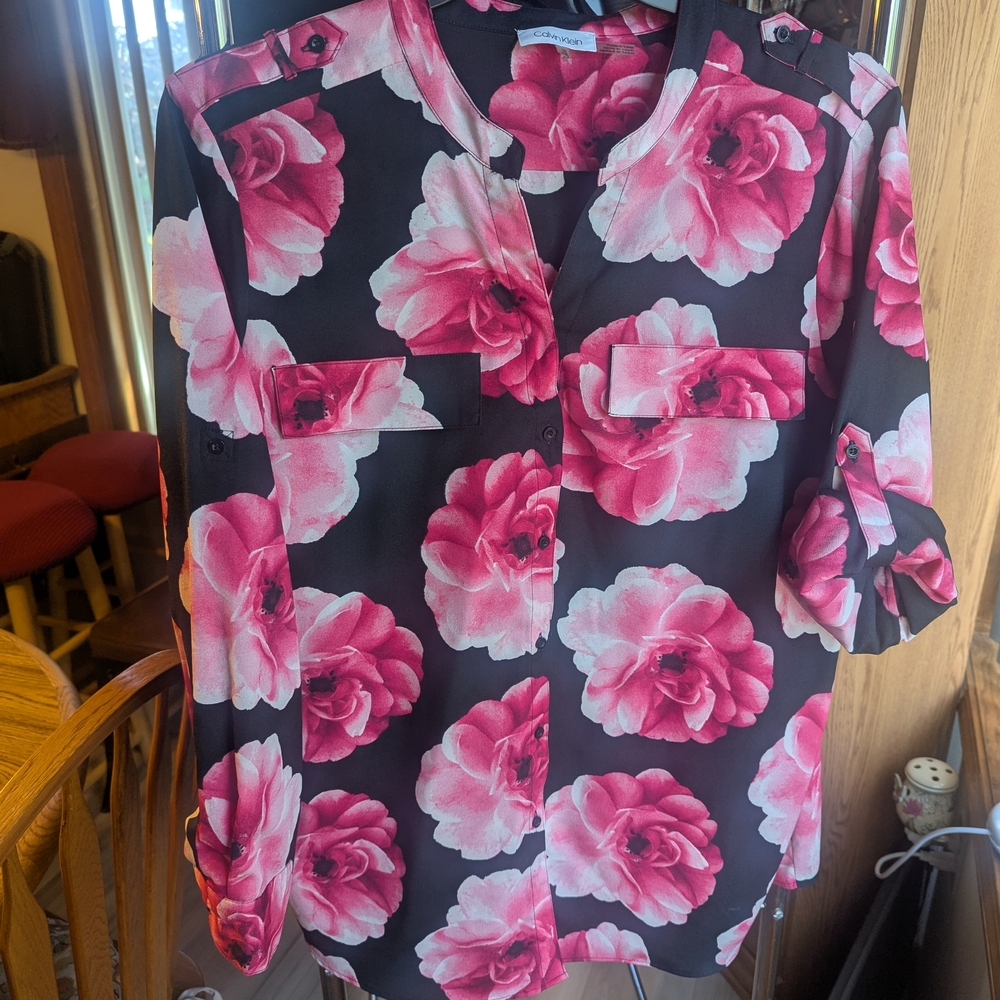 Calvin Klein Black and Pink Floral Button Down Blouse